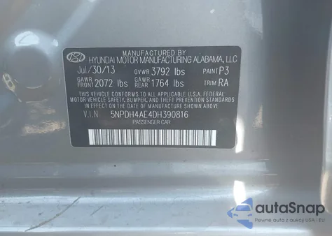 2013 Hyundai Elantra Gls z USA, uszkodzony, nr VIN 5NPDH4AE4DH390816